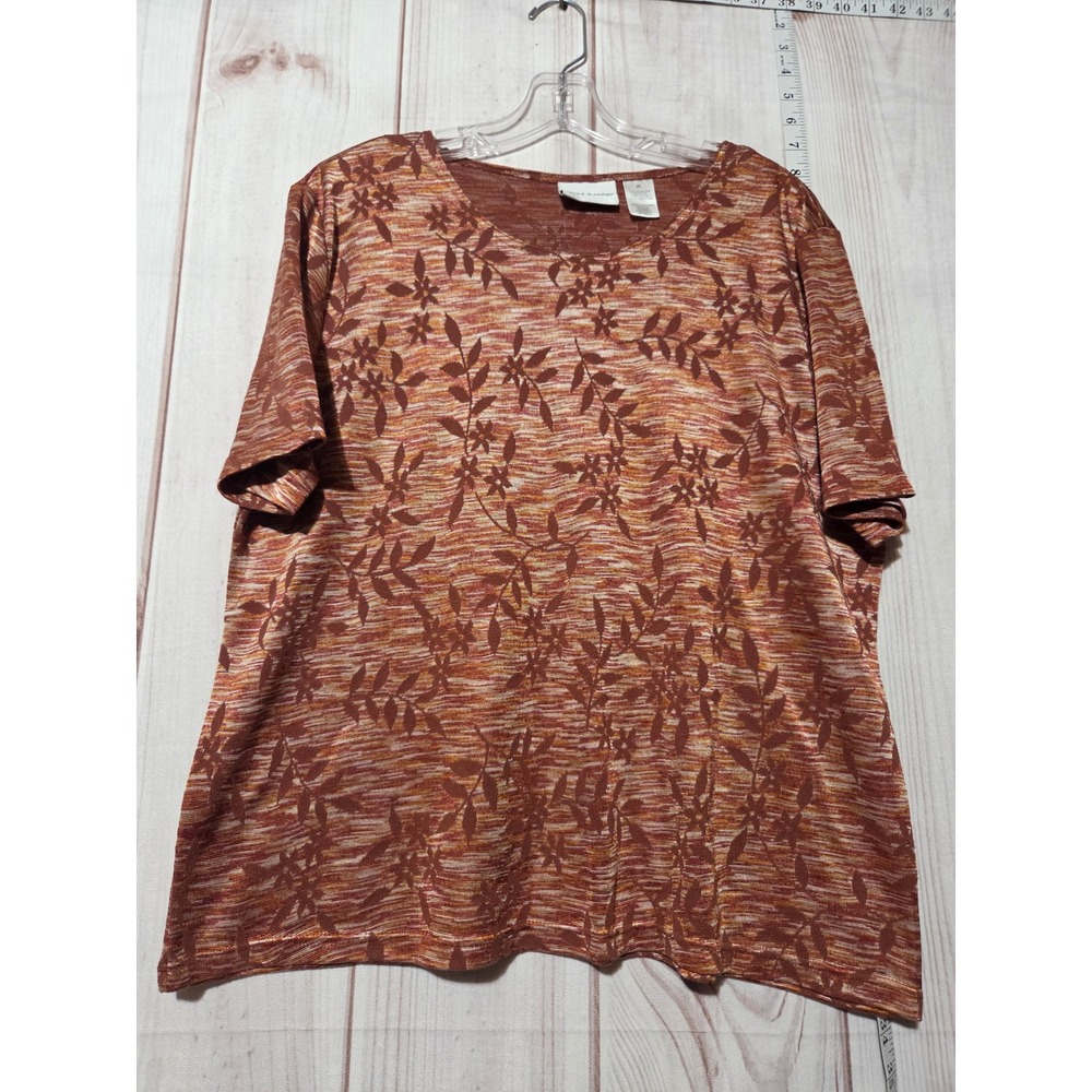 Ladies XL Floral Print Tunic Top Earth Tones Short Sleeve Blouse Fall Vibes